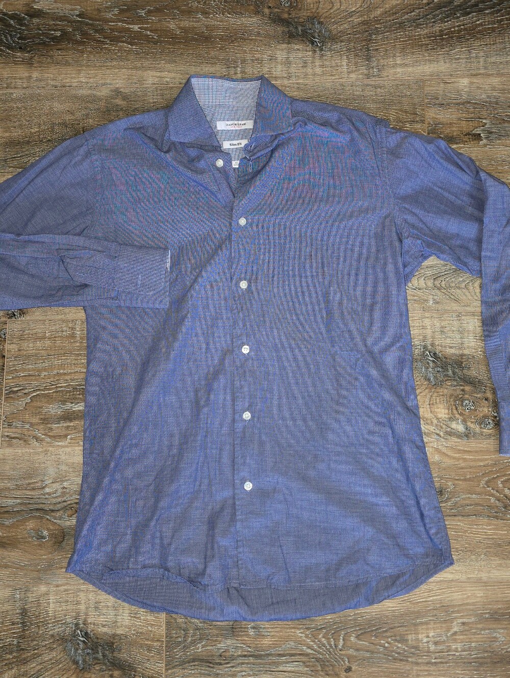 Men's Isaac Mizrahi NY Collared M Cotton Linen Blue Shirt Slim Fit Sz 15 32/33